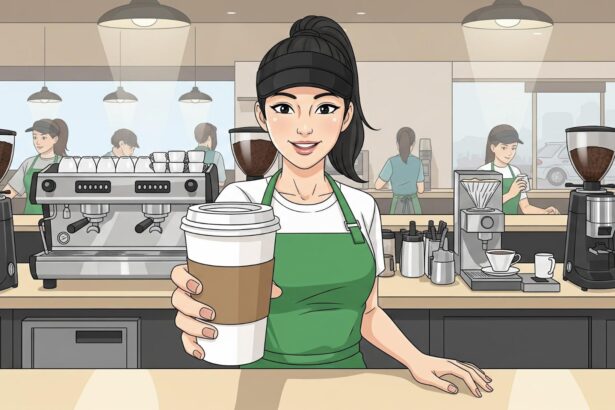 Starbucks barista serving coffee.