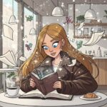 woman reading book in cozy cafe