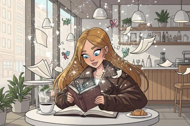 woman reading book in cozy cafe