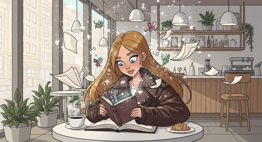 woman reading book in cozy cafe