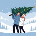 cuffing season - couple carrying Christmas tree in snow