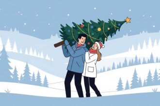 cuffing season - couple carrying Christmas tree in snow