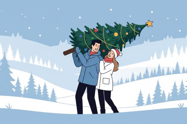 cuffing season - couple carrying Christmas tree in snow