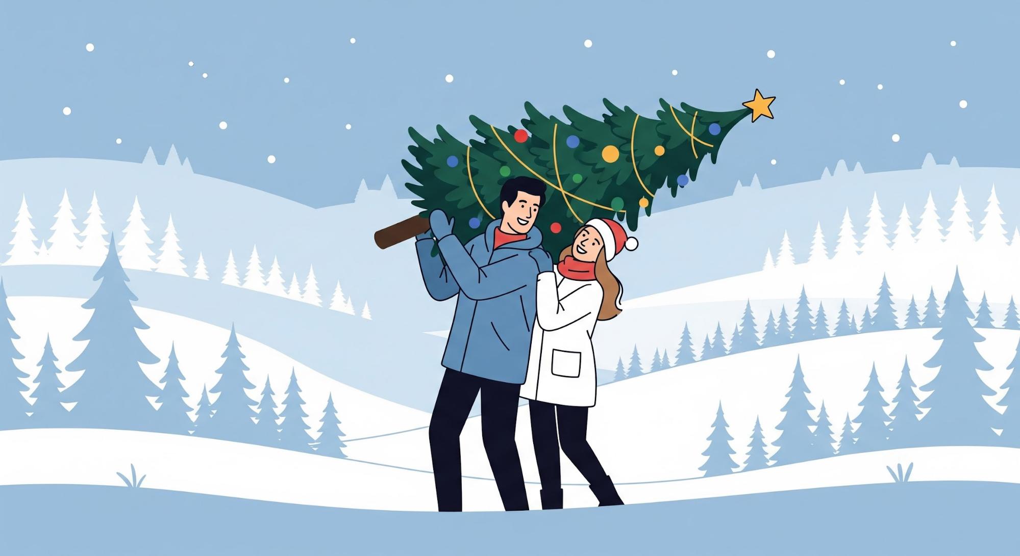 cuffing season - couple carrying Christmas tree in snow